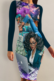 Dark Blue Casual Cartoon Print Contrast O Neck Printed Dresses