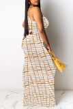 Gradient Color Casual Plaid Striped Print Gradient Contrast O Neck Long Dresses