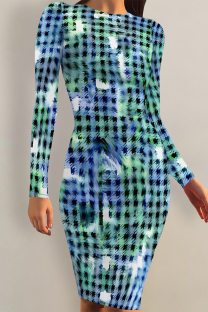 Turquoise Casual Floral Print Tie Dye Contrast O Neck Printed Dresses