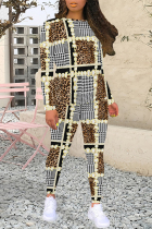 hazel grey Casual Plaid Flowers Tiger Stripes Contrast O Neck Long Sleeve Two Pieces