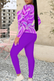 Blue Casual Geometric Print Contrast O Neck Long Sleeve Two Pieces