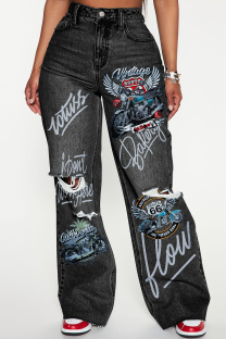 Black Gray Casual Print Ripped Pocket Patchwork Mid Waist Loose Denim Jeans