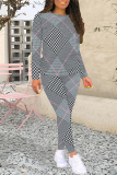Red Casual Plaid Camouflage Print Contrast O Neck Long Sleeve Two Pieces