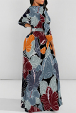 Blue Black Elegant Floral Print Pocket With Belt Contrast O Neck Printed Dresses