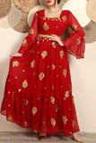 Red Elegant Print Patchwork Square Neck Long Dresses