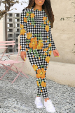 hazel grey Casual Plaid Flowers Tiger Stripes Contrast O Neck Long Sleeve Two Pieces