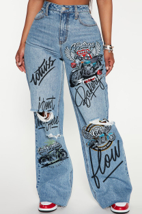 Baby Blue Casual Print Ripped Pocket Patchwork Mid Waist Loose Denim Jeans