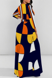 Blue Black Elegant Floral Print Pocket With Belt Contrast O Neck Printed Dresses