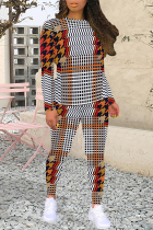 Orange Red Casual Plaid Flowers Tiger Stripes Contrast O Neck Long Sleeve Two Pieces