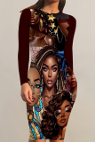 Dark Blue Casual Cartoon Print Contrast O Neck Printed Dresses