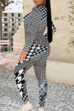 Red Casual Plaid Camouflage Print Contrast O Neck Long Sleeve Two Pieces
