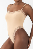 Light Purple Daily Solid Color Lace Patchwork Spaghetti Strap Skinny Bodysuits