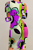 Tibetan Blue Elegant Floral Print Contrast O Neck Printed Dresses