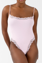 Pink Daily Solid Color Lace Patchwork Spaghetti Strap Skinny Bodysuits