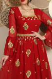 Red Elegant Print Patchwork Square Neck Long Dresses