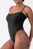 Light Purple Daily Solid Color Lace Patchwork Spaghetti Strap Skinny Bodysuits