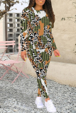 hazel grey Casual Plaid Flowers Tiger Stripes Contrast O Neck Long Sleeve Two Pieces