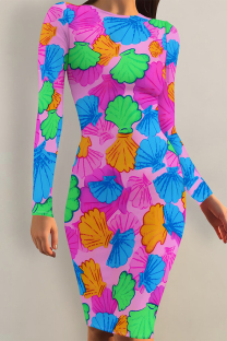 Rose Red Elegant Floral Print Contrast O Neck Printed Dresses