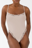 Light Purple Daily Solid Color Lace Patchwork Spaghetti Strap Skinny Bodysuits