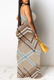 Gradient Color Casual Plaid Striped Print Gradient Contrast O Neck Long Dresses