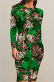 Tibetan Blue Elegant Floral Print Contrast O Neck Printed Dresses