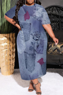 Blue Gray Casual Faux Denim Print Pocket Contrast O Neck Printed Plus Size Dresses