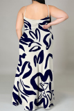 Rose Red Sexy Flowers Print Slit Contrast U Neck Printed Plus Size Dresses