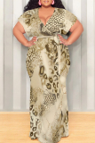 Brown Sexy Snakeskin Print Leopard With Belt Contrast V Neck Printed Plus Size Dresses