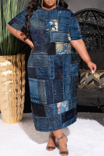 Dark Blue Casual Faux Denim Print Pocket Contrast O Neck Printed Plus Size Dresses