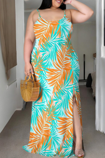 Cyan Casual Print Patchwork Slit Spaghetti Strap Sling Plus Size Dresses
