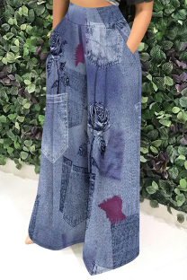 Gray Blue Casual Faux Denim Print Pocket Contrast Loose High Waist Wide Leg Full Print Bottoms