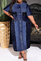 Blue Black Casual Faux Denim Print Pocket Contrast O Neck Printed Plus Size Dresses