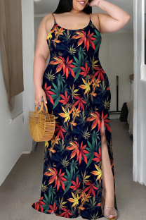 Red Green Casual Print Patchwork Slit Spaghetti Strap Sling Plus Size Dresses