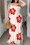 Rose Red Sexy Flowers Print Slit Contrast U Neck Printed Plus Size Dresses