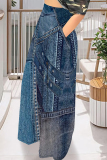 Gray Blue Casual Faux Denim Print Pocket Contrast Loose High Waist Wide Leg Full Print Bottoms