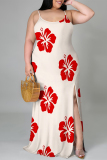 Rose Red Sexy Flowers Print Slit Contrast U Neck Printed Plus Size Dresses