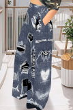 Gray Blue Casual Faux Denim Print Pocket Contrast Loose High Waist Wide Leg Full Print Bottoms
