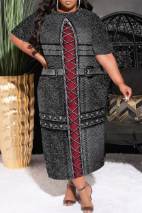 Dark Gray Casual Faux Denim Print Pocket Contrast O Neck Printed Plus Size Dresses