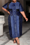 Baby Blue Casual Faux Denim Print Pocket Contrast O Neck Printed Plus Size Dresses