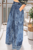 Gray Blue Casual Faux Denim Print Pocket Contrast Loose High Waist Wide Leg Full Print Bottoms