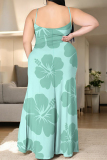Rose Red Sexy Flowers Print Slit Contrast U Neck Printed Plus Size Dresses