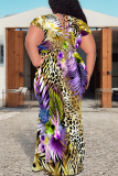Brown Sexy Snakeskin Print Leopard With Belt Contrast V Neck Printed Plus Size Dresses