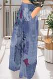 Gray Blue Casual Faux Denim Print Pocket Contrast Loose High Waist Wide Leg Full Print Bottoms