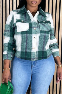 Malachite Green Casual Plaid Pocket Buckle Patchwork Turndown Collar Outerwear