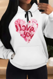 White Casual Skull Love Print Letters Draw String Pocket Hooded Tops