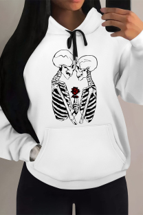 Black Casual Skull Love Print Letters Draw String Pocket Hooded Tops