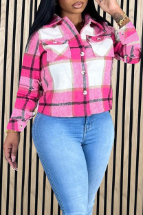Rose Red Casual Plaid Pocket Buckle Patchwork Turndown Collar Outerwear