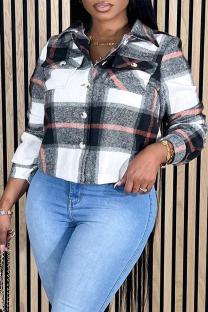 Black Casual Plaid Pocket Buckle Patchwork Turndown Collar Outerwear