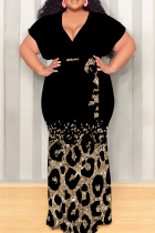 Black Casual Print Patchwork Strap Design V Neck Long Plus Size Dresses