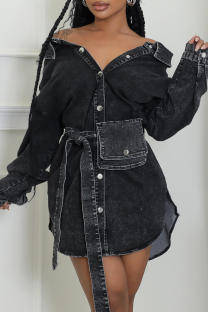 Black Casual Solid Color Pocket Buckle Patchwork Turndown Collar Long Sleeve Regular Denim Jacket